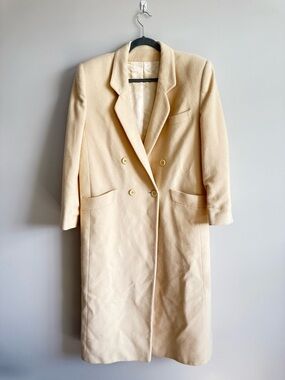 Vtg 90s Fleurette of California 100% Cashmere Cream Long Coat Double Breasted L